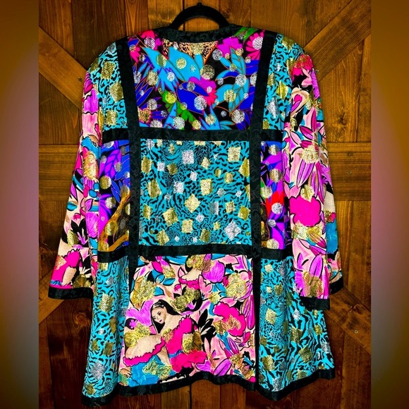 DIANE FREIS Vintage Silk Vivid Patchwork Collage Swing Jacket Kimono OS - Picture 1 of 9